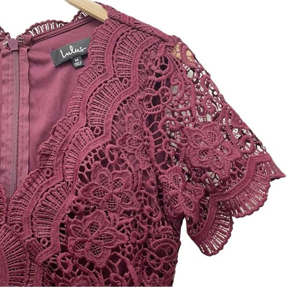 Lulus Angel in Disguise Burgundy Lace Short Skater Dress Women’s Size Medium - Picture 6 of 13